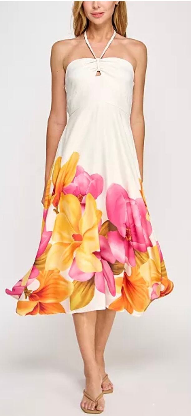 Trixxi Juniors White Halter Neck Floral Midi Dress L NWT